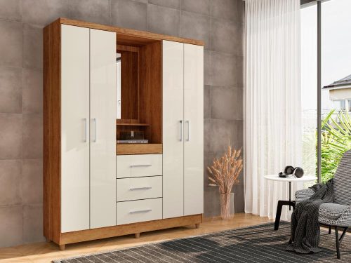 Guarda-Roupa Capelinha Lyon 4 portas com espelho – Cedro/Areia