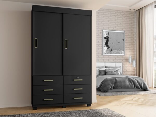 Guarda-Roupa Buzios 2 portas de correr Sem espelho 6 gavetas – Preto