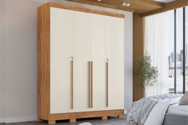 Guarda-Roupa Domus 4 portas com pés e chave – Cedro/Areia