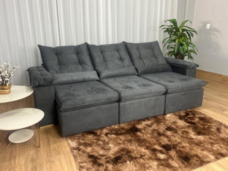 Sofá Retrátil Reclinável Atenas 2.70m – Cinza Veludo