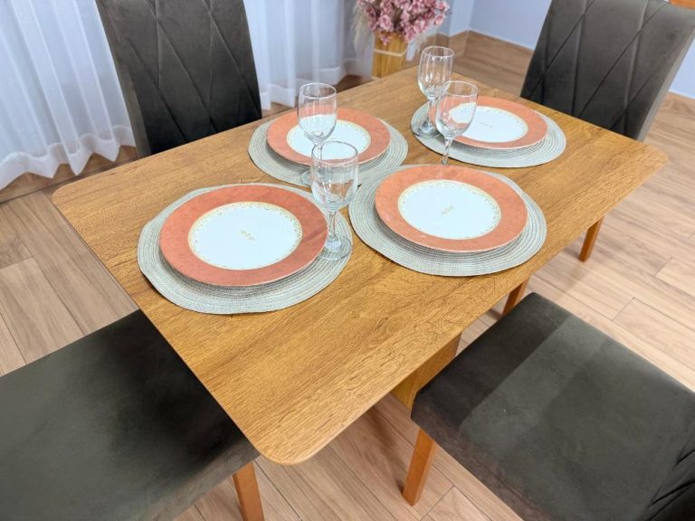 Mesa de Jantar Salinas 1.20×0.80 s/Vidro c/4 Cadeiras Isa – Cinamomo/Marrom Veludo - Imagem 2
