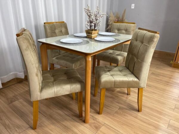 Mesa de Jantar Veneza 1.20×0.80 c/4 Cadeiras Londres – Cinamomo/Off White/Avelã Veludo