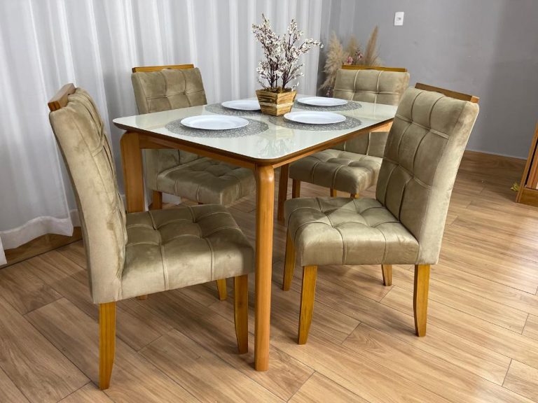 Mesa de Jantar Veneza 1.20×0.80 c/4 Cadeiras Londres – Cinamomo/Off White/Avelã Veludo