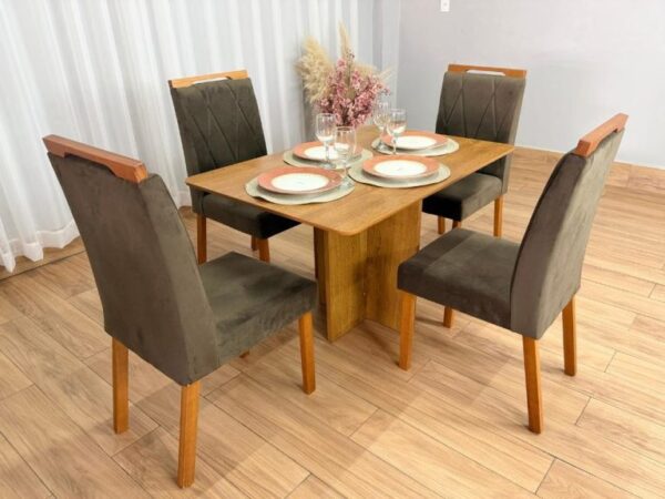 Mesa de Jantar Salinas 1.20×0.80 s/Vidro c/4 Cadeiras Isa – Cinamomo/Marrom Veludo