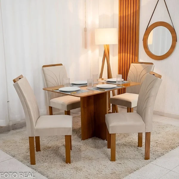 Mesa de Jantar Salina Tampo Londres Cinamomo 120x80 4 Cadeiras Parati Veludo Bege 169