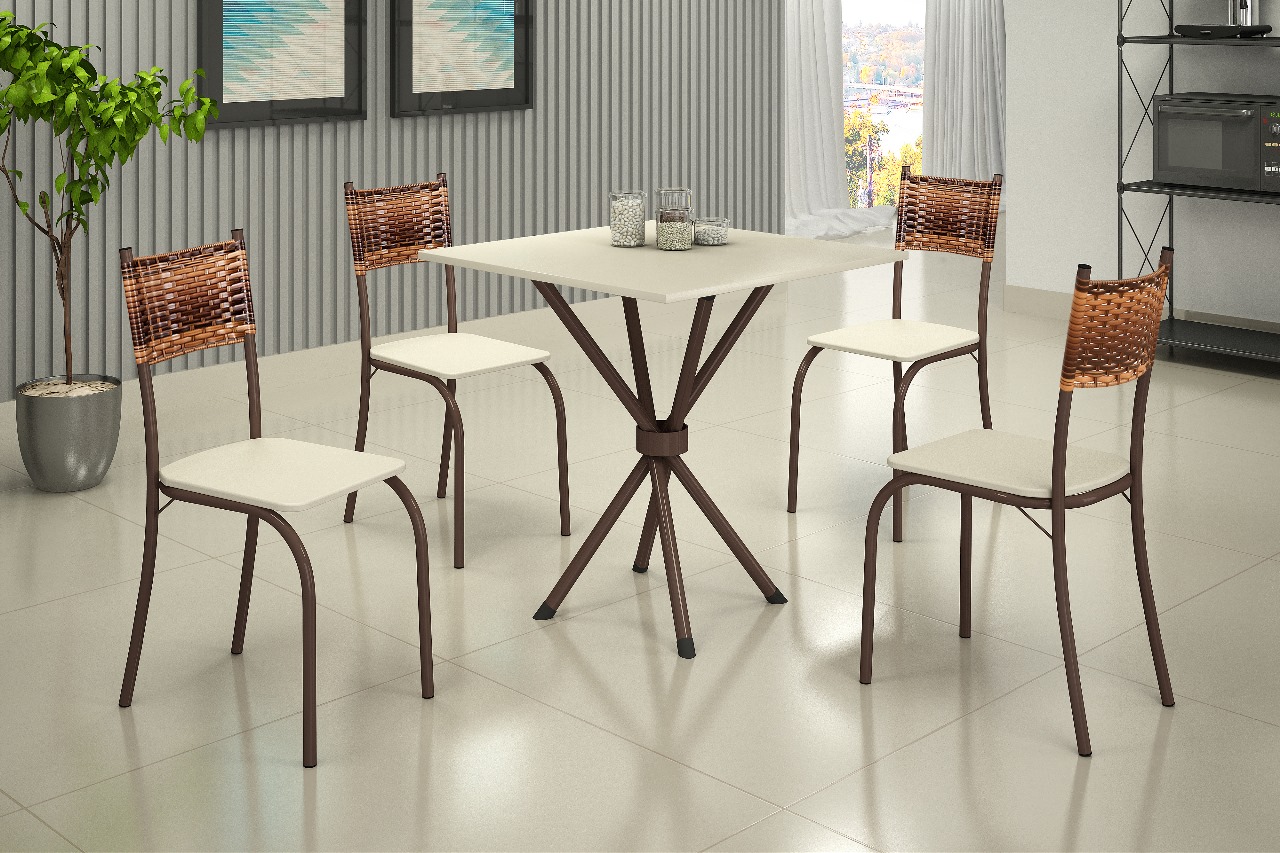 Conjunto Mesa Atlanta 70x70 Marrom Tmp Ardosia Off White e 4 Cadeiras Atlanta Marrom Creme Teixeira