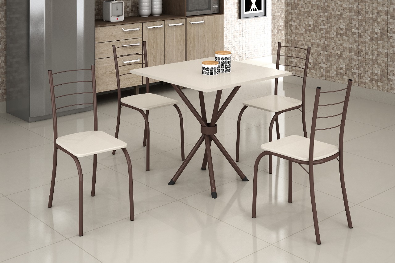 Conjunto Mesa Rio 70x70 Marrom Tmp Ardososia Quadrado Off White com 4 Cds Marrom Creme Teixeira