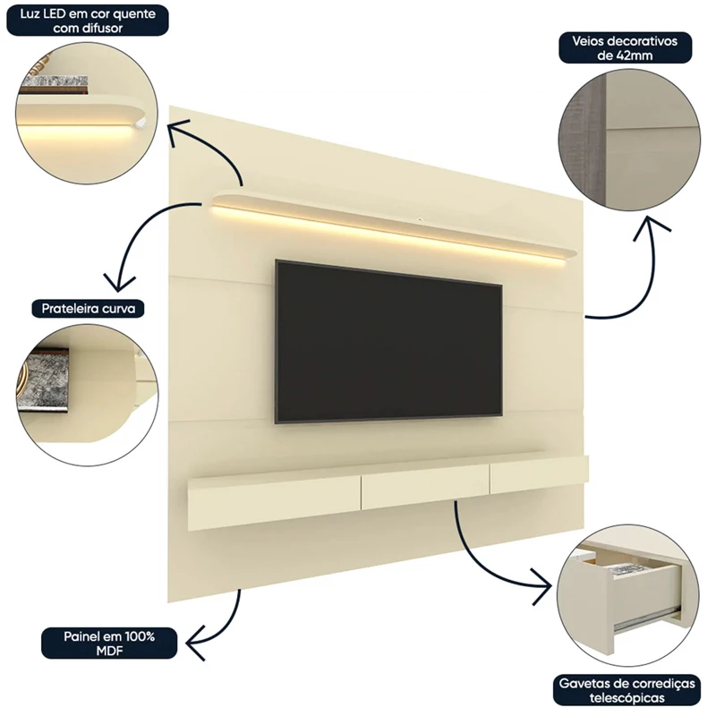 Home Royal Larg. 2.19m C/Led Off e Nicho 100% MDF para TV até 85" - Gelius - Imagem 3