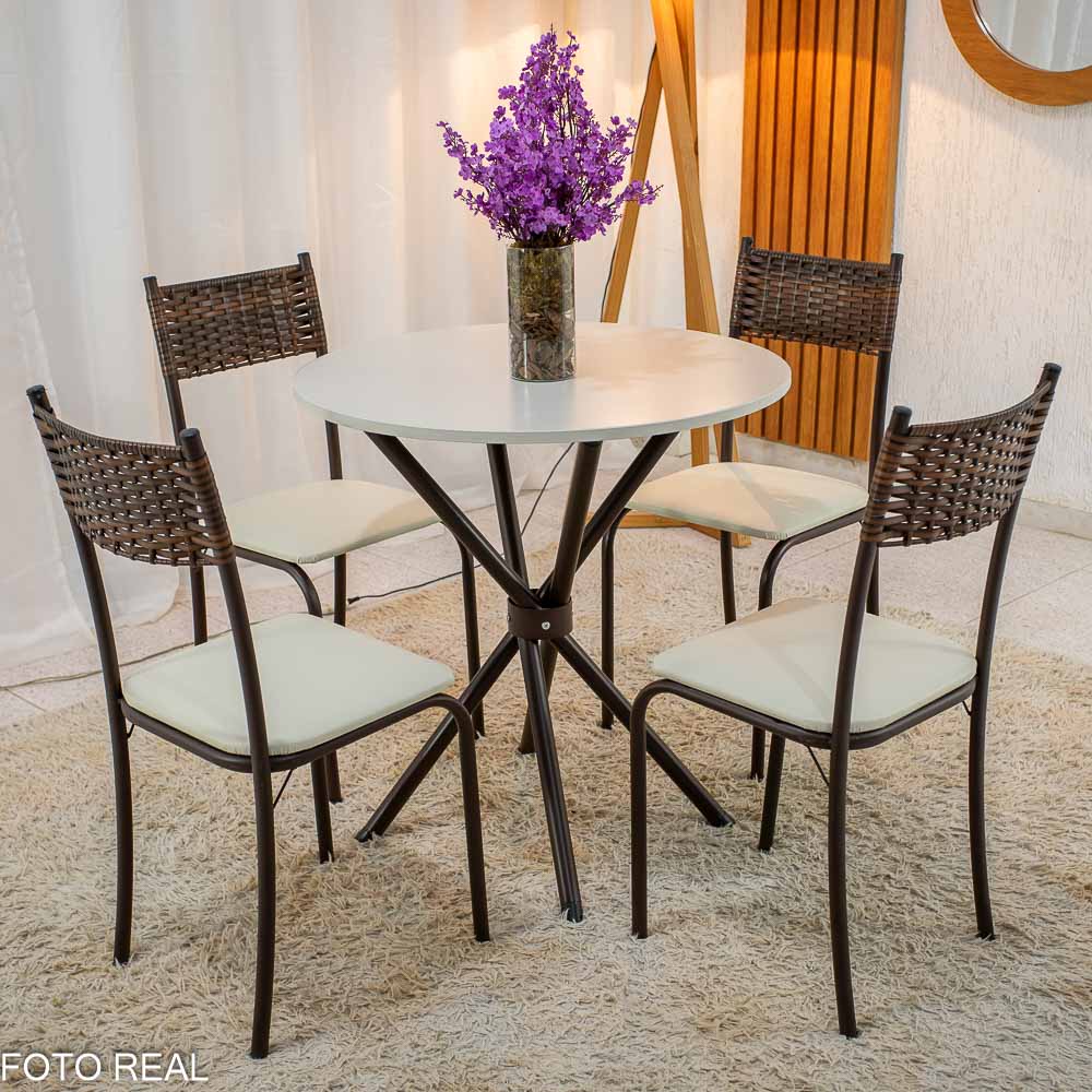 Mesa Atlanta Base Ipanema Marrom Tampo Redondo Pedra Off 75x75 4 Cadeiras Assento Creme - Teixeira