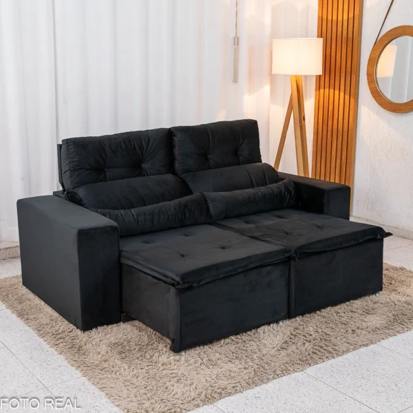 Sofá Retrátil Reclinável Bia 1.95m Veludo Preto - D28