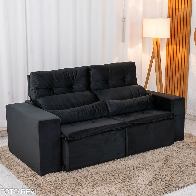 Sofá Retrátil Reclinável Bia 1.95m Veludo Preto - D28 - Imagem 6