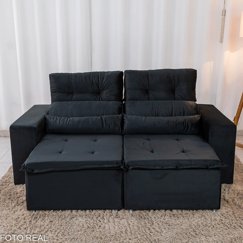 Sofá Retrátil Reclinável Bia 1.95m Veludo Preto - D28 - Imagem 5