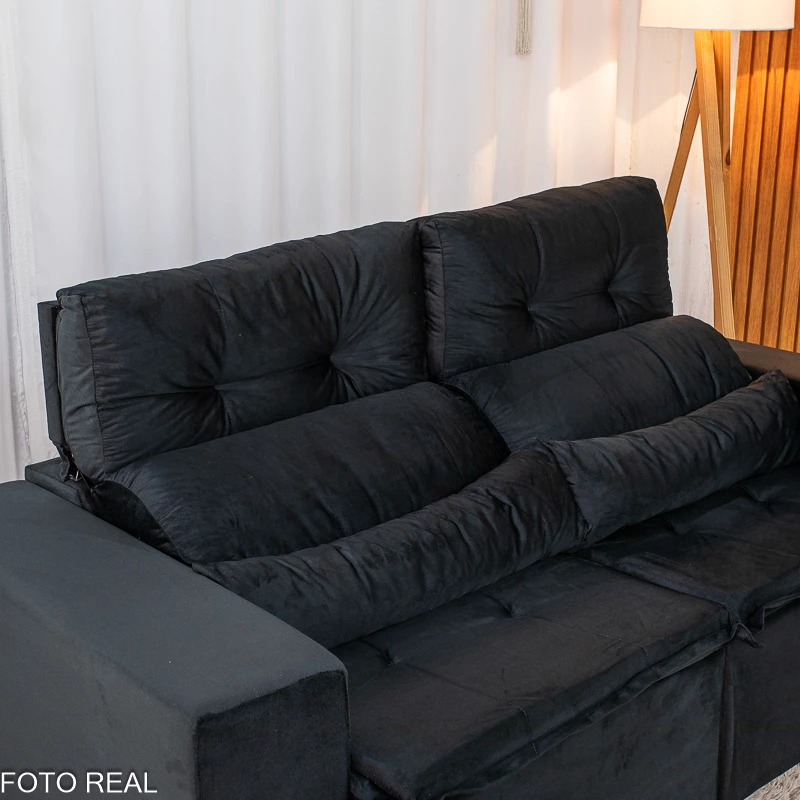 Sofá Retrátil Reclinável Bia 1.95m Veludo Preto - D28 - Imagem 4