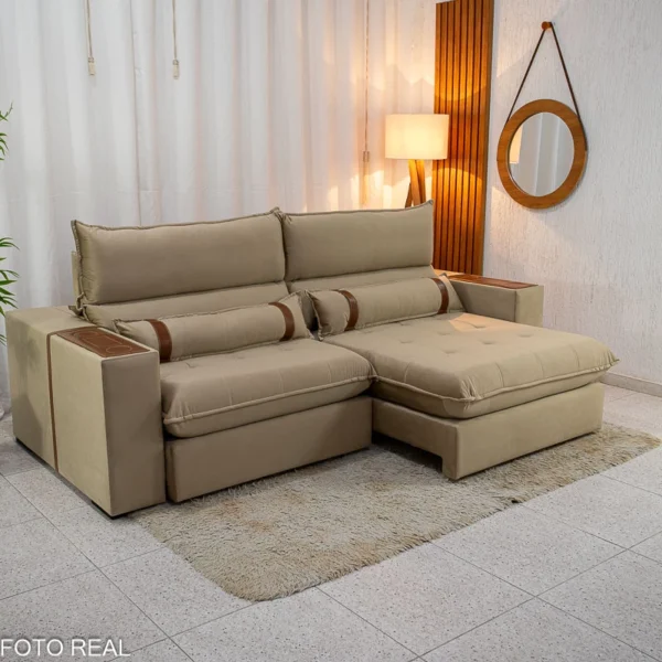Sofá Retrátil Reclinável Ravello 2.50m Veludo Bege 3040/04 Espuma D33 - Oferta