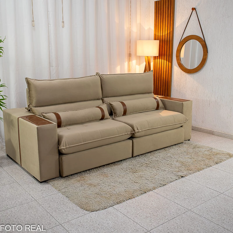 Sofá Retrátil Reclinável Ravello 2.50m Veludo Bege 3040/04 Espuma D33 - Oferta - Imagem 7