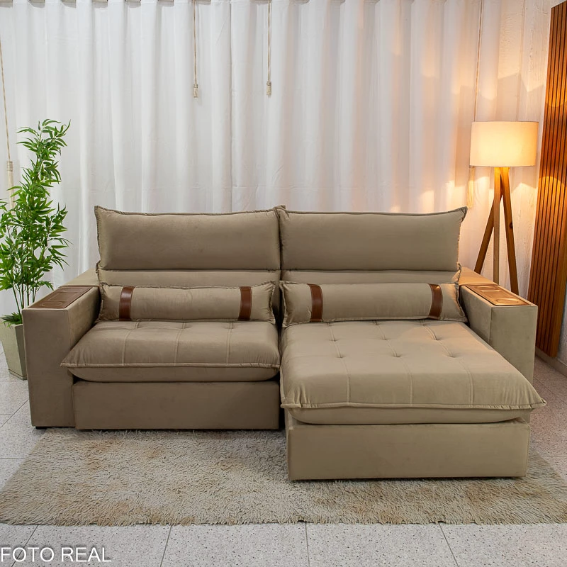 Sofá Retrátil Reclinável Ravello 2.50m Veludo Bege 3040/04 Espuma D33 - Oferta - Imagem 6