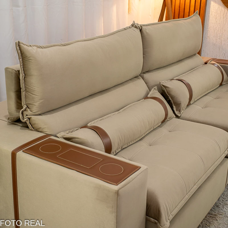 Sofá Retrátil Reclinável Ravello 2.50m Veludo Bege 3040/04 Espuma D33 - Oferta - Imagem 5