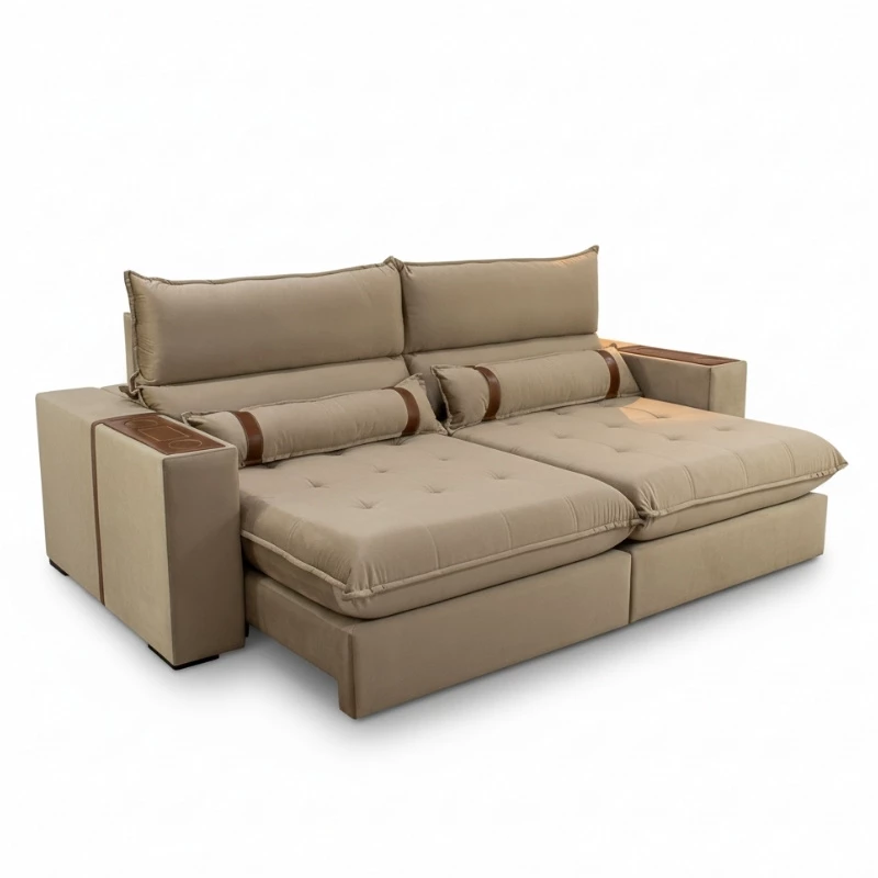 Sofá Retrátil Reclinável Ravello 2.50m Veludo Bege 3040/04 Espuma D33 - Oferta - Imagem 8