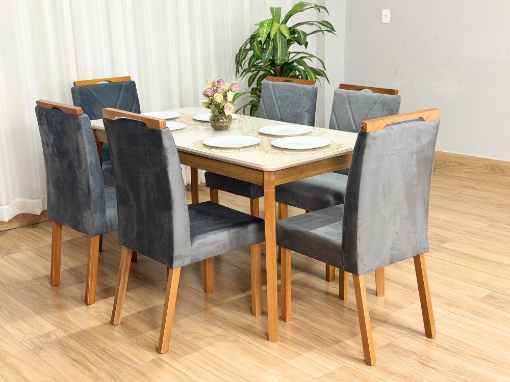 Mesa de Jantar Alegra 1.60×0.80 Com 6 Cadeiras Isa – Cinamomo/Off White/Cinza - Imagem 4
