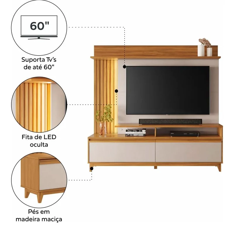 Home 1,83m NT 1400 Freijó/Off com Detalhe Ripado e LED para TV até 60" - Imagem 2